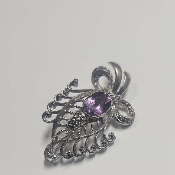Sterling Silver Purple Amethyst Vintage Brooch - Picture 1 of 4